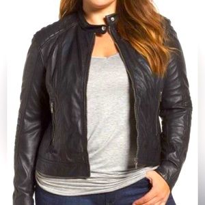 Slink Jeans plus size black leather moto jacket